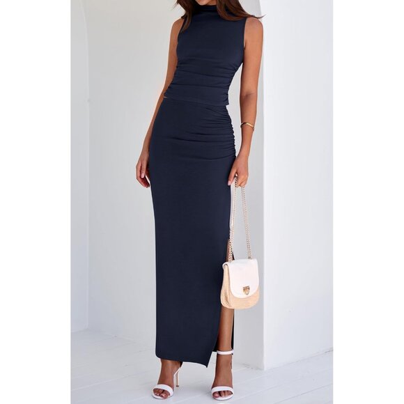 Women's Navy Blue Two Piece Sets Going Mock Neck Sleeveless Knit Tops Maxi Skirt - Picture 6 of 6